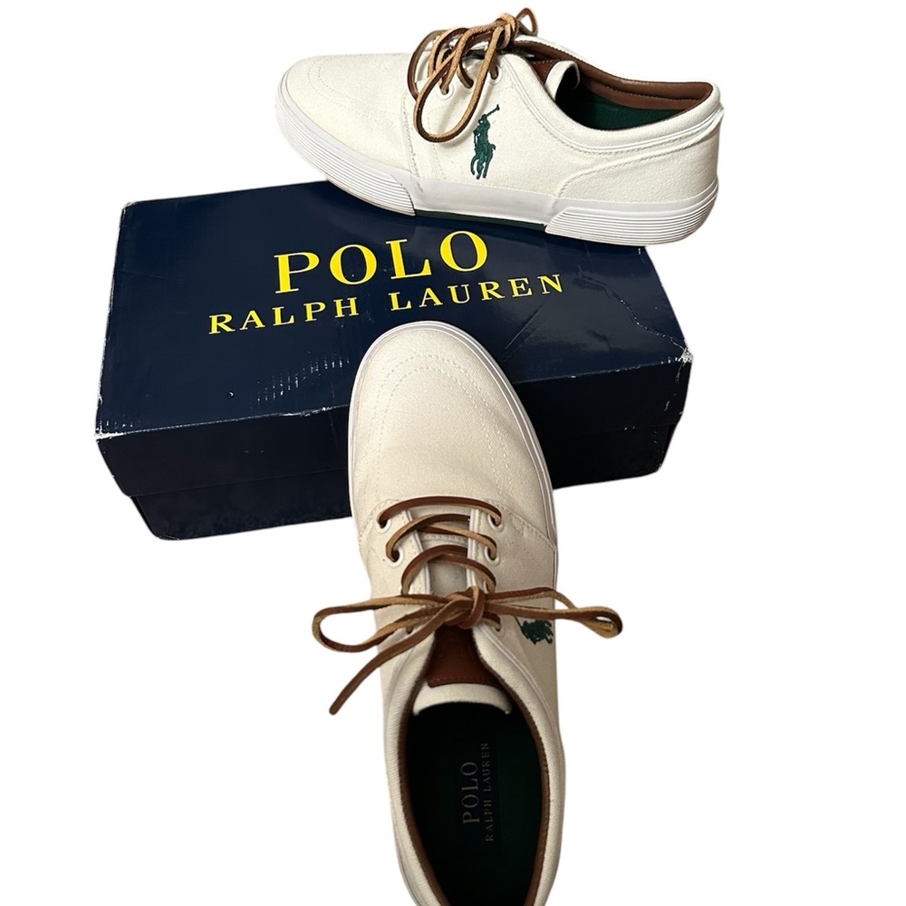 SOLD - Polo by Ralph Lauren White and Brown Sneakers with Canvas Body - Picture 3 of 5